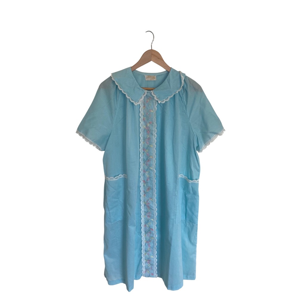 Vintage Leisure Life Light Blue Polka Dot Floral Embroidered Lace House Coat L
